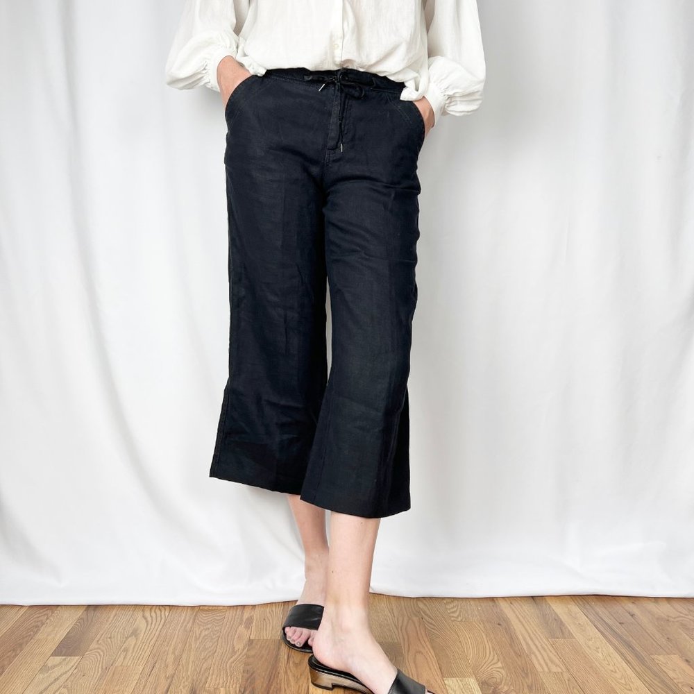 Vintage 100% Linen High Waisted Wide Straight Leg Cropped Boot Cut Trouser Pants - Picture 9 of 9